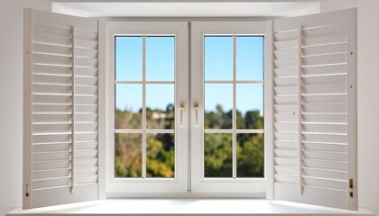 White window with shutters overlooking a landscape