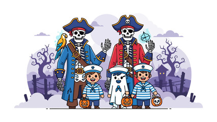 Halloween Pirate's Delight: A captivating group of children and pirate with spooky skull makeup embark on a thrilling adventure for Halloween night.
