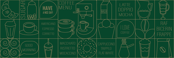 Geometric seamless coffee pattern, coffee shop elements and icons, coffee cup, coffee machine, coffee beans, types of coffee