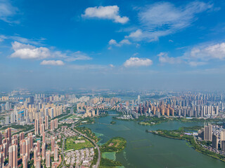 Fototapeta premium China, Hubei, Wuhan, summer, city, urban, scenery, sky, cloud, cumulus, sea of clouds, skyline, landmark, architecture, outdoor, aerial photography, high-rise building, skyscraper, technology, modern,
