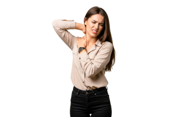 portrait of a young woman with neck pain isolated on white
