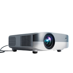 Modern digital presentation projector with large lens showing a blue light isolated on transparent background
