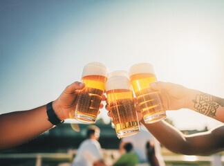 Close-up of hands cheering with beer glasses under bright summer sunlight