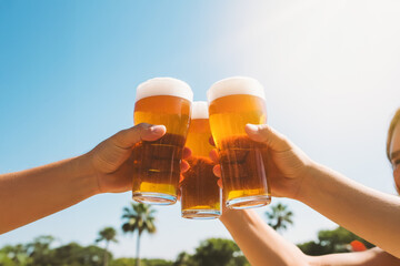 Three hands clinking cold beer glasses against clear blue sky in summer celebration
