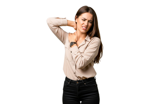 portrait of a young woman with neck pain isolated on white
- Powered by Adobe