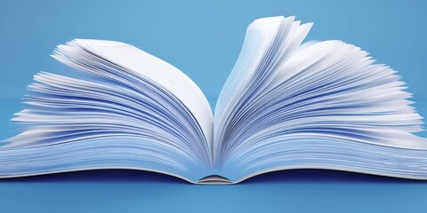 Open book pages fluttering in motion against blue background