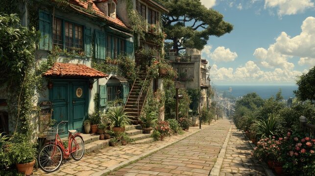 Charming European Streetscape Overlooking the Sea with Bicycle and Lush Greenery - Powered by Adobe