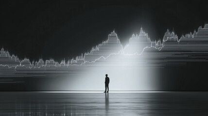 Man standing before financial graph visualization