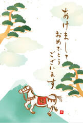 2026年富士山と馬の和風年賀状
