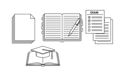 Complete exam preparation guide with notebook, pen, graduation cap, and test papers for educational resources and student success planning