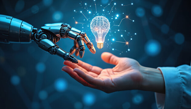Human, robot hands reach for brain in light bulb. Artificial intelligence, machine learning connects with people via neural network. Tech, innovation, science, futuristic concepts. Idea exchange,