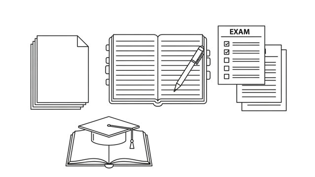 Complete exam preparation guide with notebook, pen, graduation cap, and test papers for educational resources and student success planning