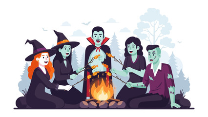 Spooky Gathering by the Fire: A circle of animated figures, each embodying classic Halloween personas, share a fireside moment, their expressions a blend of camaraderie and mystery.