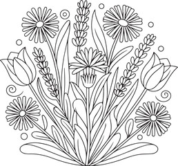 Wildflower Bouquet Line Art – Botanical Floral Composition Illustration