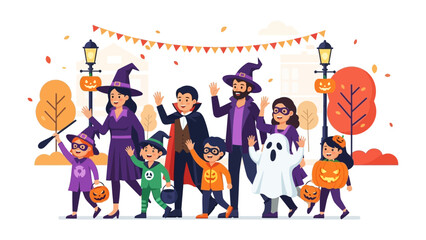 Fototapeta premium Halloween Parade: A lively illustration captures the joyous spirit of Halloween as a group of costumed people parade down a festive street, adorned with spooky decorations and excited anticipation.