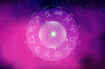 Western astrology circle with 12 zodiac symbols on a beautiful colorful starry space background. Vector illustration.