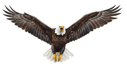 Obraz premium Majestic bald eagle soars with outstretched wings, a symbol of freedom and strength, perfect for patriotic designs or nature-themed projects