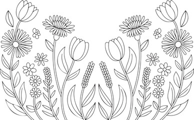 Wildflower Bouquet Line Art – Botanical Floral Composition Illustration