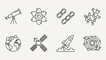 Explore science and space with these modern line icons, a set of telescope, atom, molecular, Earth, rocket, satellite symbols for a dynamic future