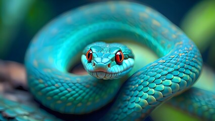 Obraz premium A vibrant turquoise snake with piercing red eyes coiled and ready to strike prey now