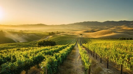 Fototapeta premium Golden sunlight bathes lush grapevines along a dirt path,