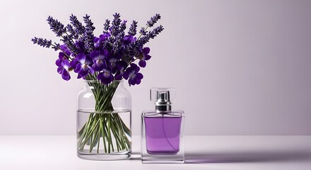 Fototapeta premium Purple Perfume Bottle Fresh Lavender and Violet Flowers
