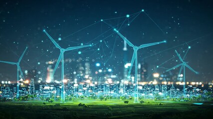 Futuristic city skyline with wind turbines and digital overlays. - Powered by Adobe
