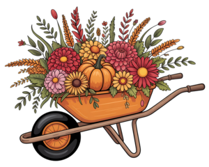 Autumn Wheelbarrow with Colorful Flowers and Pumpkins