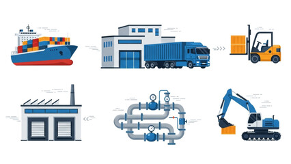 Dynamic global logistics transportation network showcasing supply chain management with ship, factory, truck, forklift, excavator, and pipe system