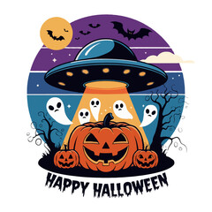 Happy halloween ufo abduction scene with pumpkins and ghosts isolated on white background
