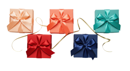 Five luxurious square gift boxes (peach, coral, red, navy, teal) with satin ribbons, gold metallic ribbon, flat lay on transparent, studio lighting. Commercial product concept
