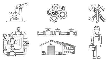 Fototapeta premium Detailed construction engineering and manufacturing icons, depicting industrial processes, machinery, equipment and worker, vector design perfect for technical diagrams