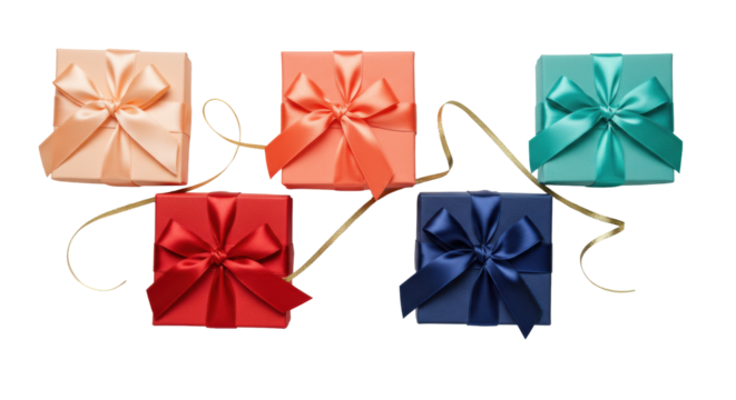 Five luxurious square gift boxes (peach, coral, red, navy, teal) with satin ribbons, gold metallic ribbon, flat lay on transparent, studio lighting. Commercial product concept
