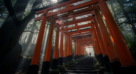 Vermillion Torii Gates Tunnel in Forest Shrine.
