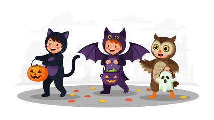 Halloween Costume Party: A trio of adorable children, each adorned in festive costumes, embody the playful spirit of Halloween, with their cute bags for collecting candies and joy for the celebration.