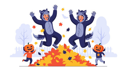 Naklejka premium Autumn Festivities: Joyful figures in charming costumes frolic and celebrate among a vivid pile of autumn leaves, with a warm, celebratory atmosphere perfectly embodying the spirit of harvest time.
