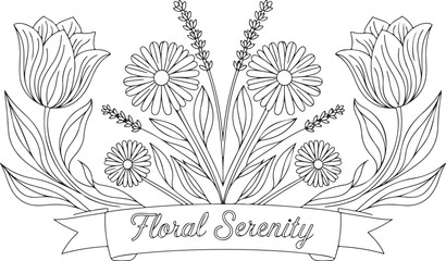 Floral Border Line Art with Tulips and Daisies – Botanical Decorative Design