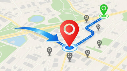 Dynamic route planning with vibrant location pins and directional arrows on a detailed city map, guiding your journey effectively.