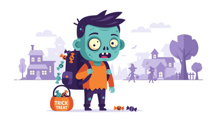 Spooky Halloween Adventure: A cute and curious zombie child goes trick-or-treating, collecting a delightful array of candies, set against a backdrop of a neighborhood, celebrating the spooky season