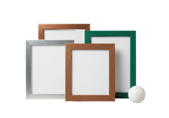 Four silver, copper, wood, emerald frames with white copy space. White sphere on transparent, studio lighting, 45-degree view, high-end product concept