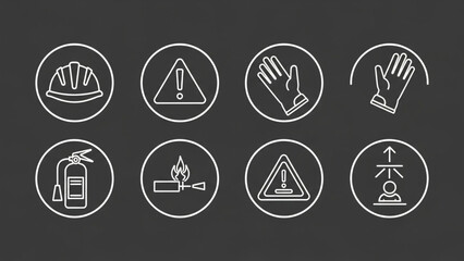 Essential safety icons including hard hat, fire extinguisher, warning signs, and protective gloves for workplace hazard awareness and compliance