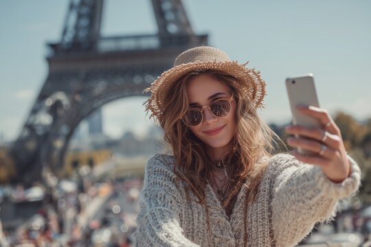Junge Frau macht Selfies vor dem Eiffelturm in Paris &ndash; moderner St&auml;dtetourismus und Social-Media-Reisefotografie