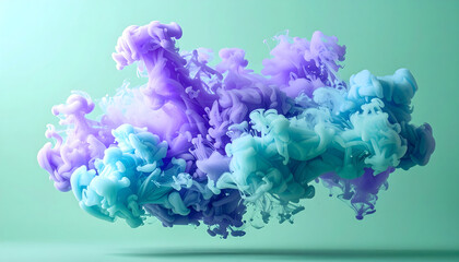 Fototapeta premium Vibrant cloud of swirling purple and teal colored ink against a light green backdrop.