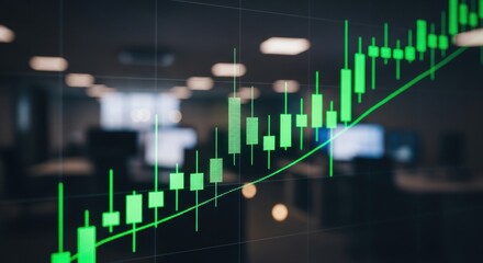 Green arrow on financial graph showing business growth. Data chart with rising trend for stock market investment analysis.