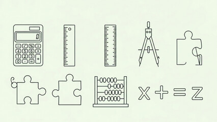 Discover essential math tools and concepts like calculators, rulers, compasses, puzzles, abacus, and algebraic equations for educational or design projects.