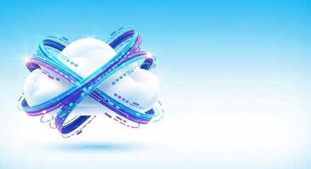 White cloud on blue background with abstract digital data streams. Cloud computing technology concept. Data storage network.