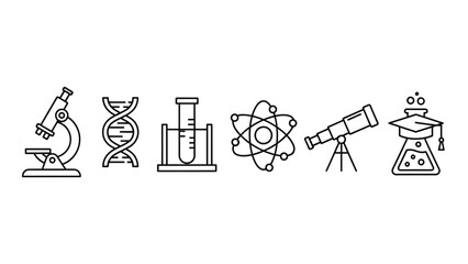 Discover innovation with a collection of science icons including microscope, DNA, test tube, atom, telescope, and graduation flask, perfect for educational and research themes.
