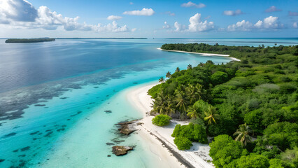 Fototapeta premium Aerial view of tropical island with white sand beach and turquoise water under a beautfull cloudy sky