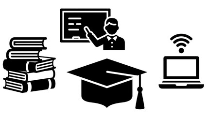 Inspiring education icons including books, teacher, graduation cap, and laptop symbolizing learning and knowledge acquisition for modern students.
