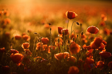 Obraz premium Sunset Poppy Field. Remembrance or armistice day.